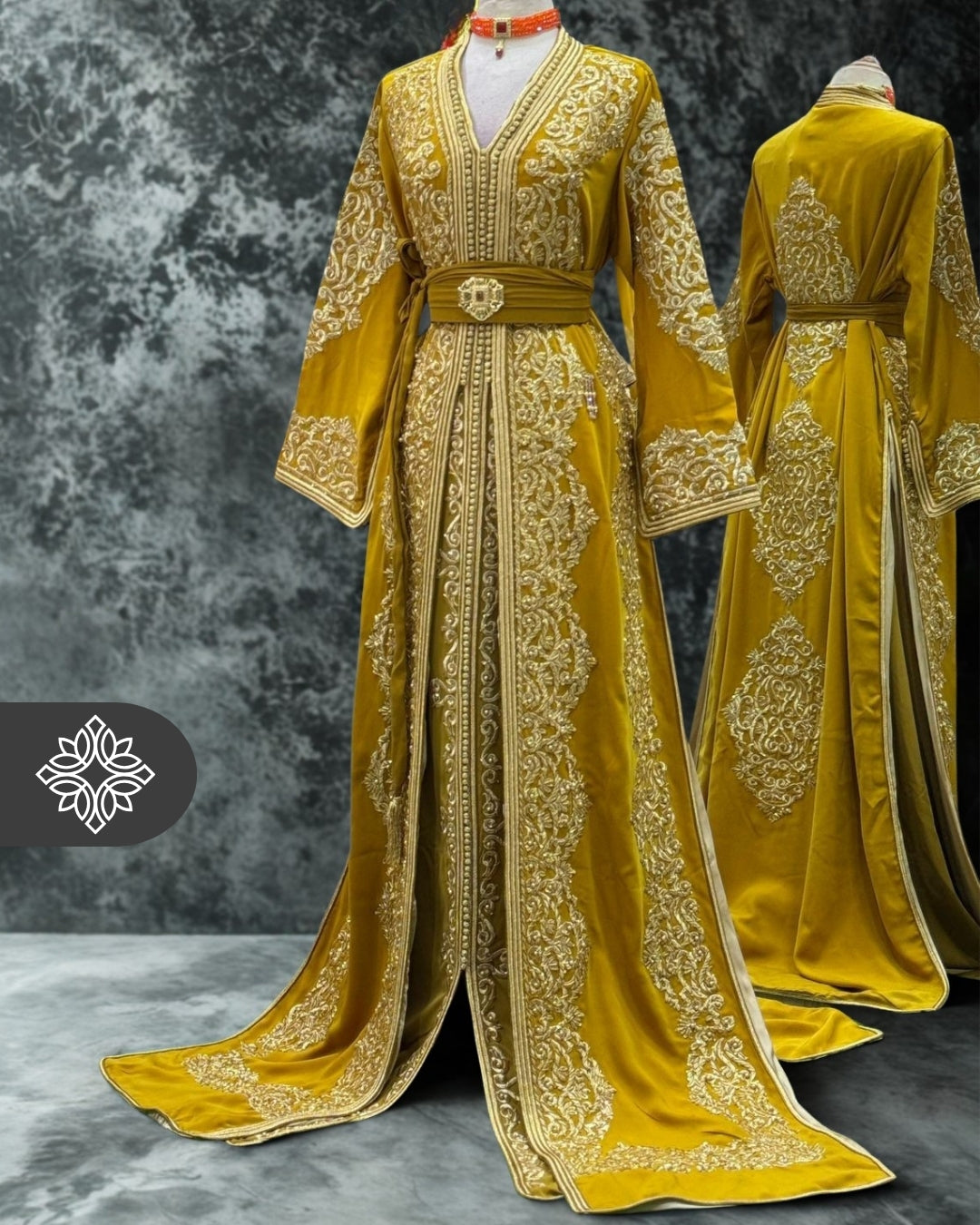 Two-Piece Kaftan Golden Ochre with Golden Embroidery Takchita | Caftan Dress