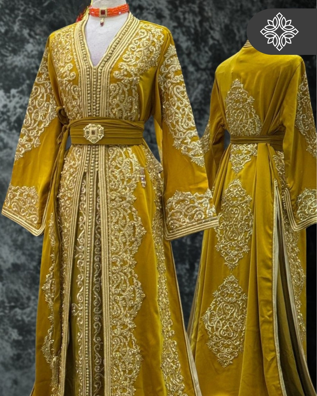 Two-Piece Kaftan Golden Ochre with Golden Embroidery Takchita | Caftan Dress