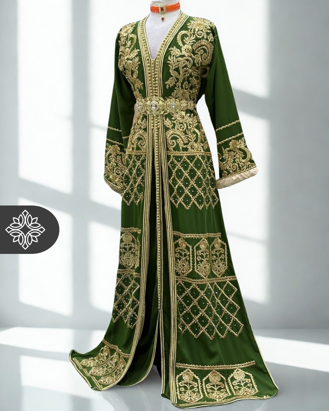 Two-Piece Kaftan Green & Gold Embroidery | Takchita | Caftan Dress