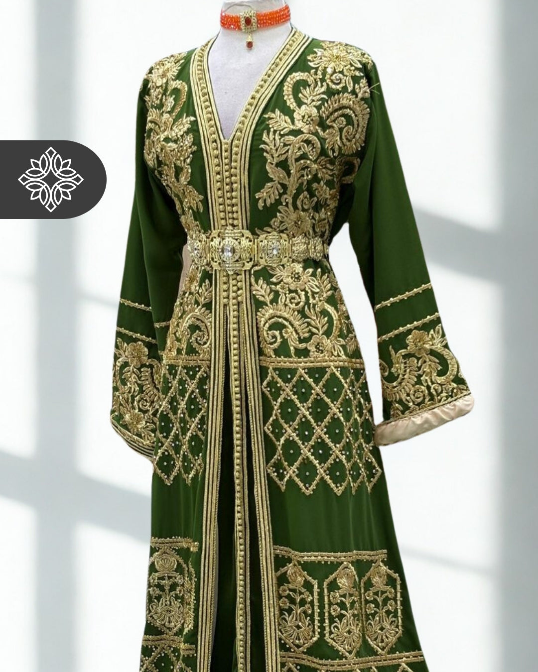 Two-Piece Kaftan Green & Gold Embroidery | Takchita | Caftan Dress