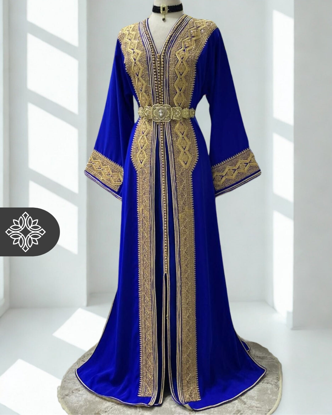 Two-Piece Kaftan Royal Blue Velvet with Golden Embroidery Takchita | Caftan Dress