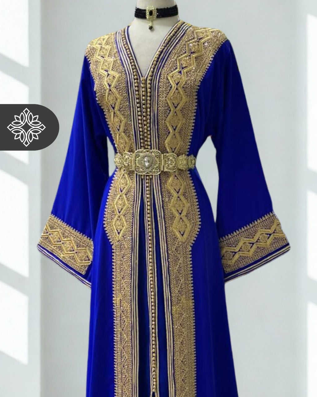 Two-Piece Kaftan Royal Blue Velvet with Golden Embroidery Takchita | Caftan Dress
