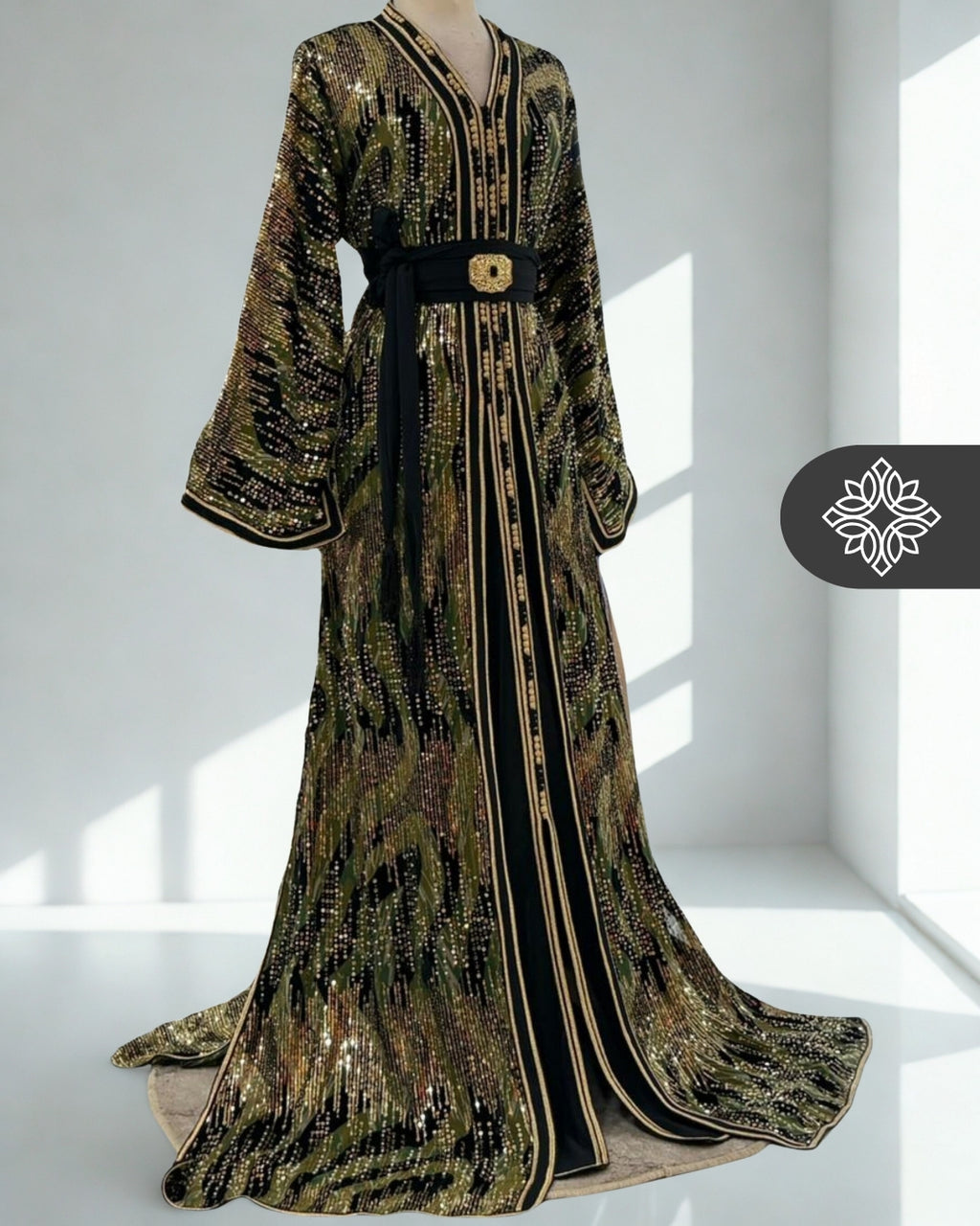 Two-Piece Moroccan Kaftan Black & Gold | Sequin Embroidery | Luxury Takchita