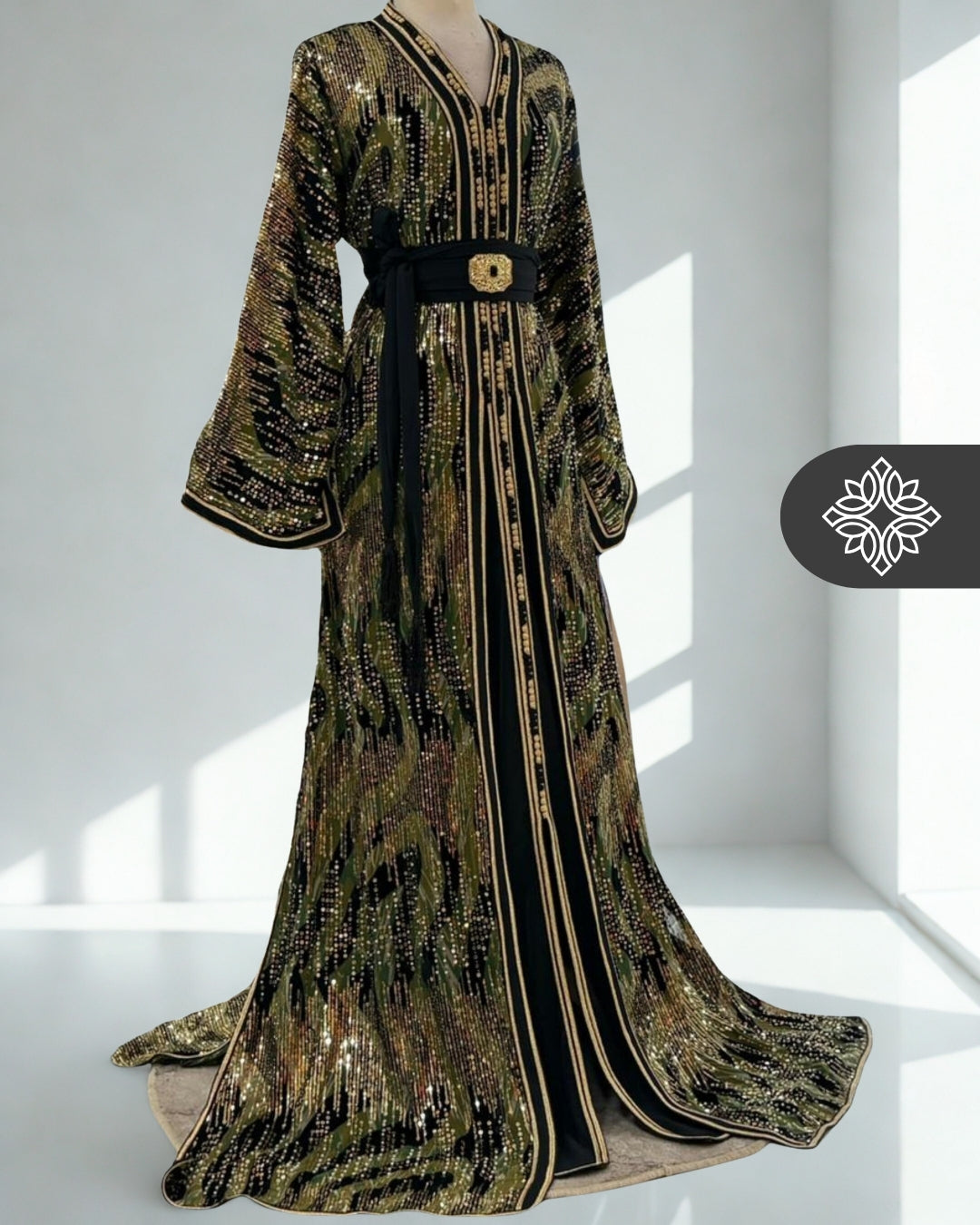 Caftan marocain deux pièces noir et or | Broderie de sequins | Takchita de luxe