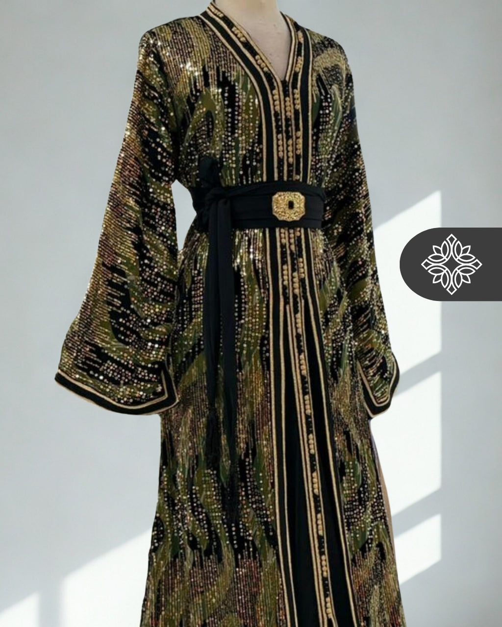 Two-Piece Moroccan Kaftan Green & Sand | Sequin Embroidery | Luxury Takchita