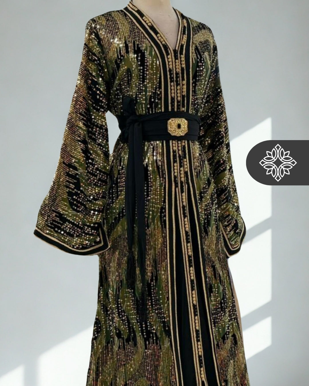 Two-Piece Moroccan Kaftan Green & Sand | Sequin Embroidery | Luxury Takchita