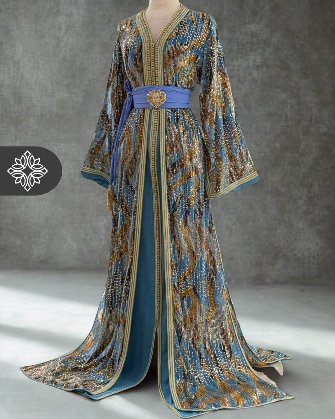 Caftan marocain deux pièces noir et or | Broderie de sequins | Takchita de luxe