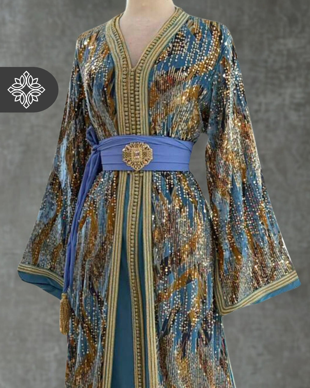 Two-Piece Moroccan Kaftan Green & Sand | Sequin Embroidery | Luxury Takchita