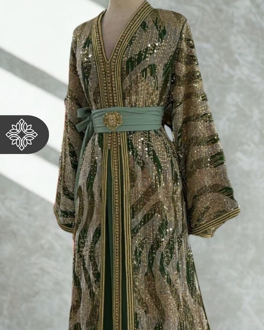 Two-Piece Moroccan Kaftan Green & Sand | Sequin Embroidery | Luxury Takchita