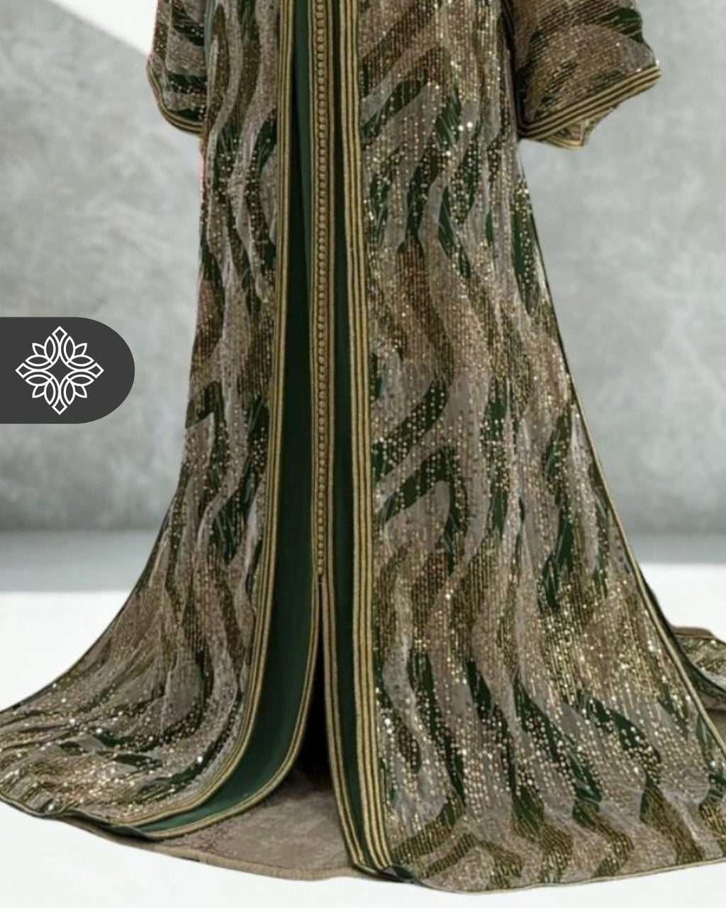 Two-Piece Moroccan Kaftan Green & Sand | Sequin Embroidery | Luxury Takchita