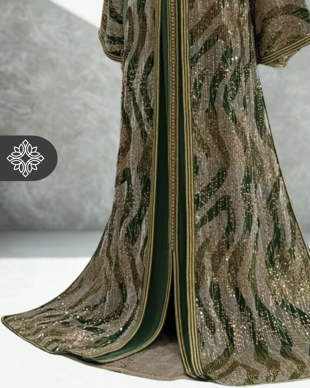 Two-Piece Moroccan Kaftan Green & Sand | Sequin Embroidery | Luxury Takchita
