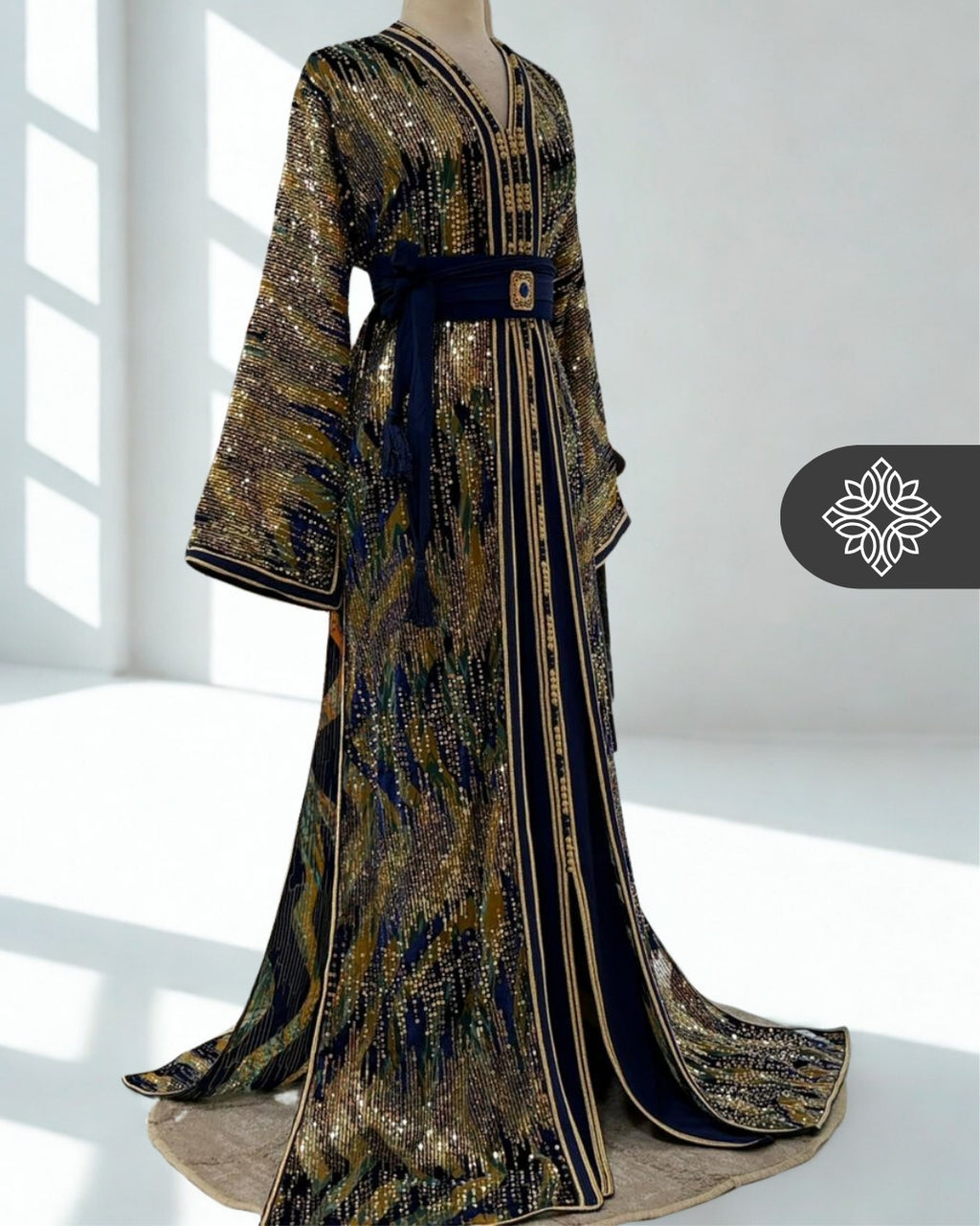 Navy Blue & Gold Sequin Takchita | Moroccan Two-Piece Luxury Kaftan