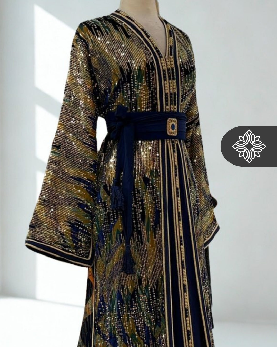 Two-Piece Moroccan Kaftan Green & Sand | Sequin Embroidery | Luxury Takchita