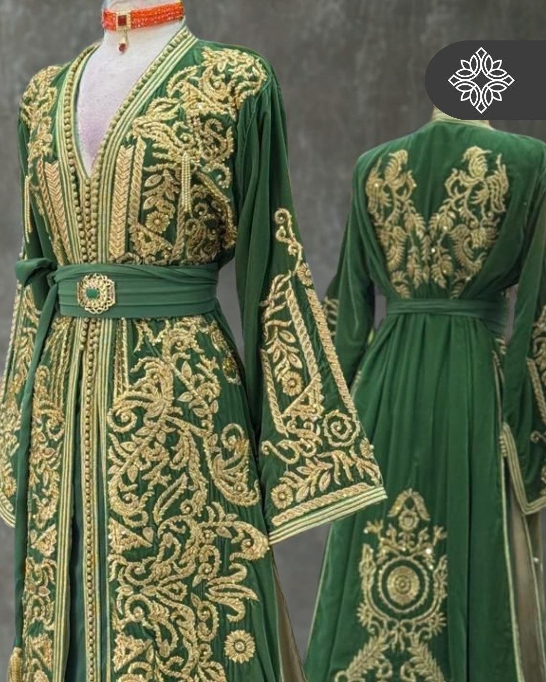 Two-Piece Kaftan Green & Gold | Takchita | Royal Embroidery Dress