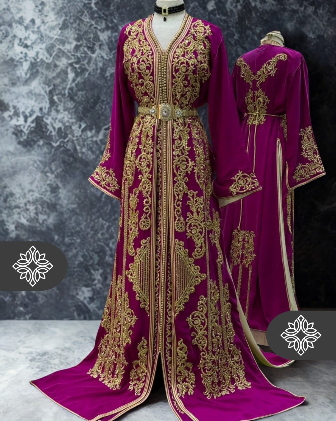 Caftan deux pièces en velours magenta avec broderies dorées Takchita | Robe caftan