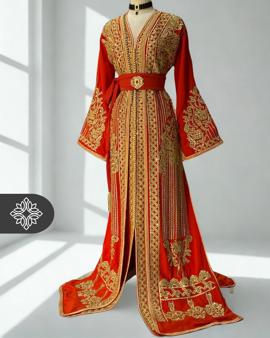 Two-Piece Kaftan Saffron Red & Gold | Takchita | Royal Velvet Embroidery