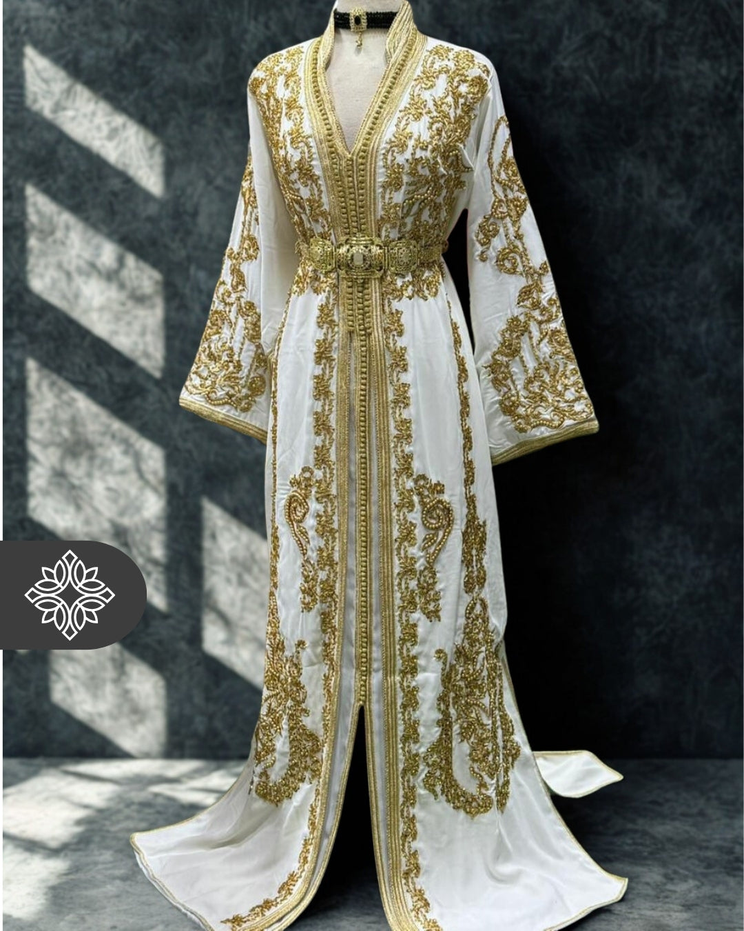 Two-Piece Kaftan White & Gold with Golden Embroidery Takchita | Caftan Dress