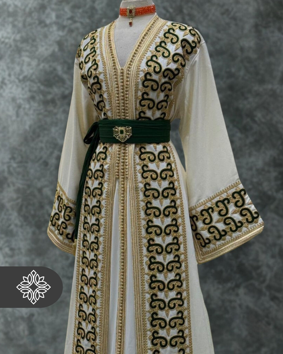 Two Piece Kaftan Takchita Ivory White with Green & Gold Embroidery | Caftan Dress