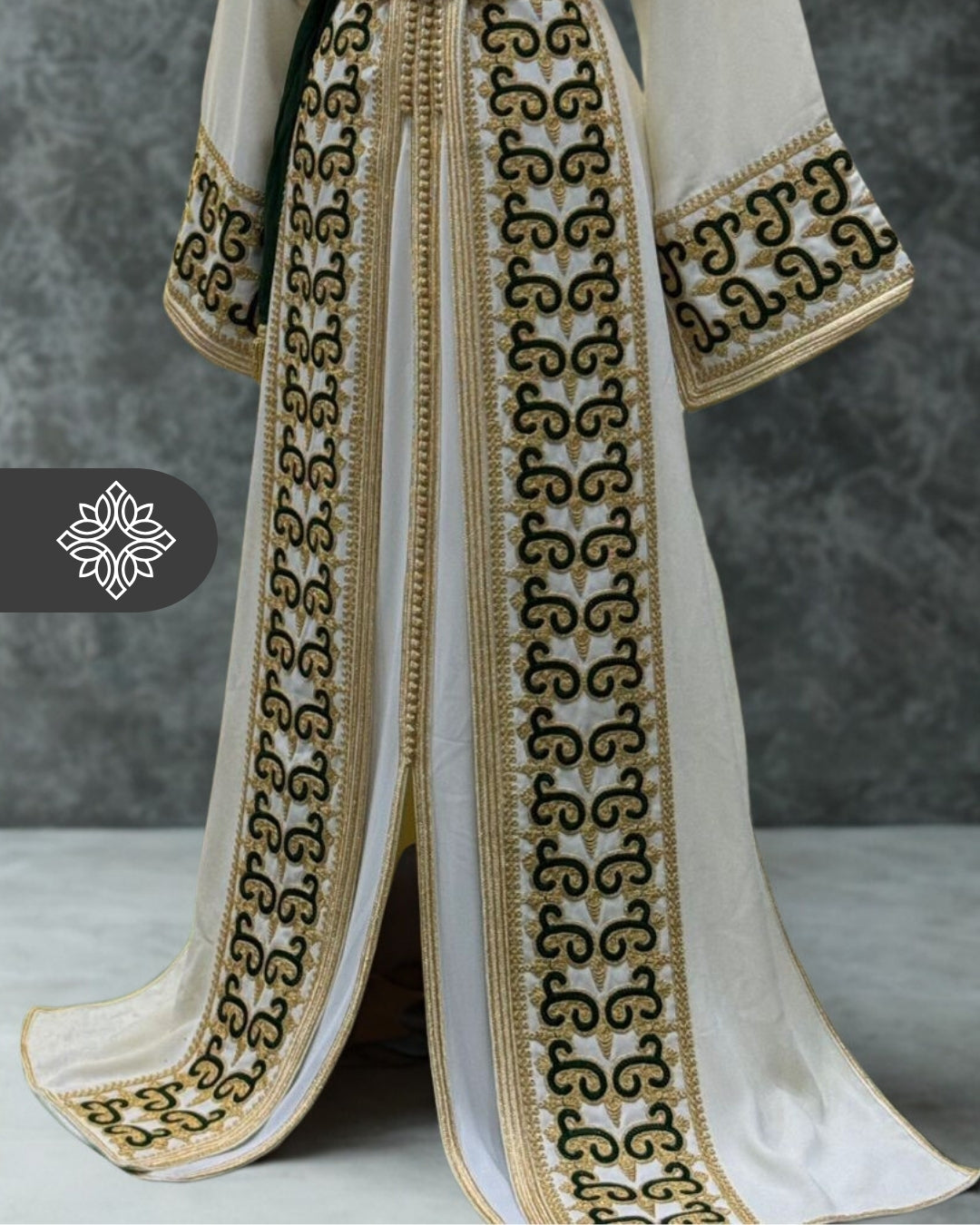 Two Piece Kaftan Takchita Ivory White with Green & Gold Embroidery | Caftan Dress