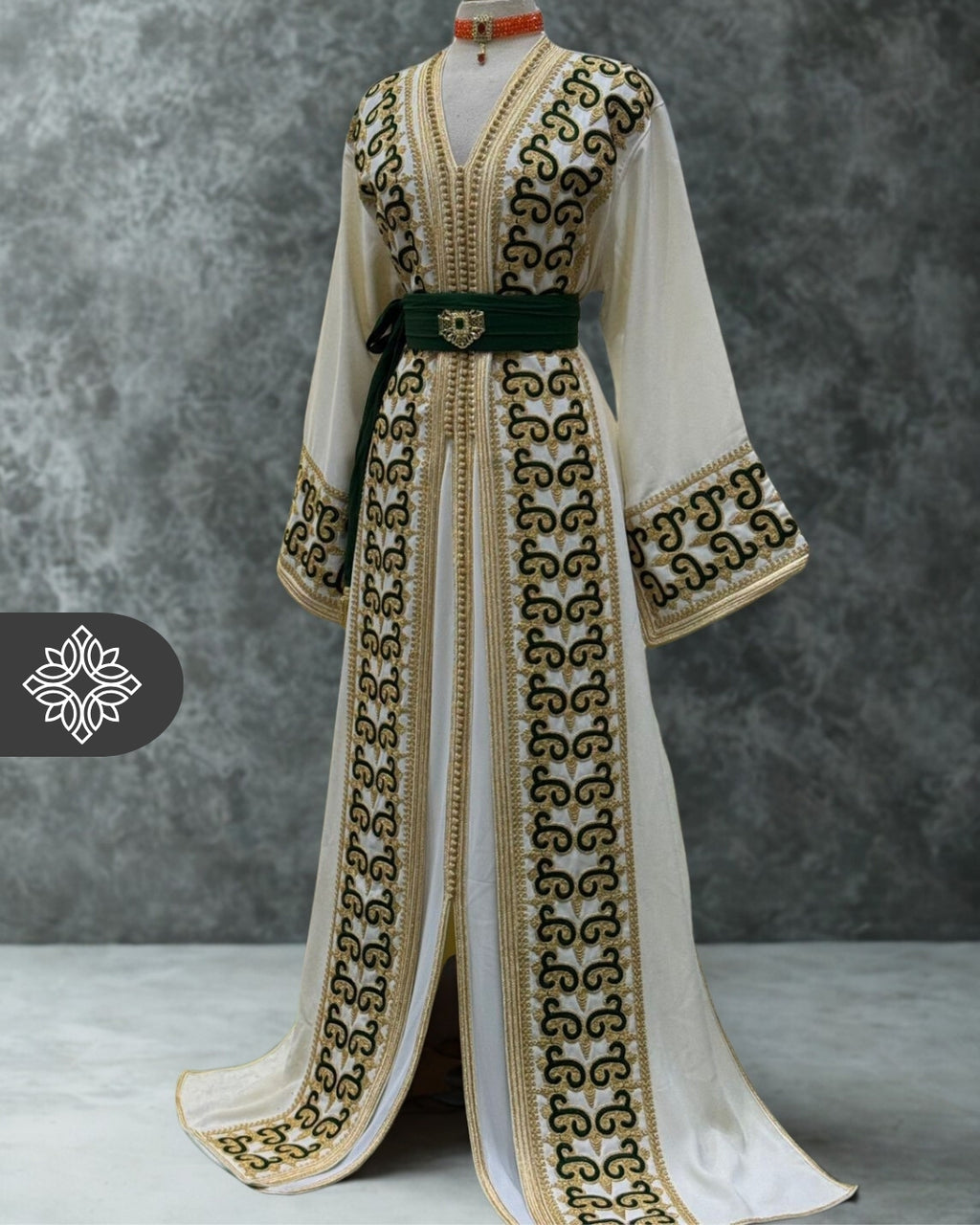 Two Piece Kaftan Takchita Ivory White with Green & Gold Embroidery | Caftan Dress