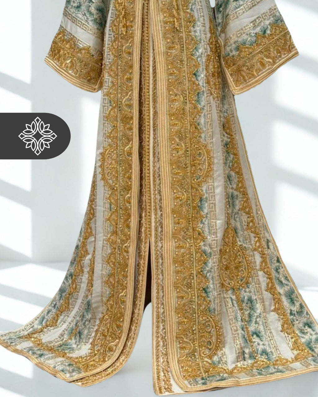 VIP Artistic Brocade Moroccan Takchita | Luxury Two-Piece Kaftan | Golden Hand Embroidery