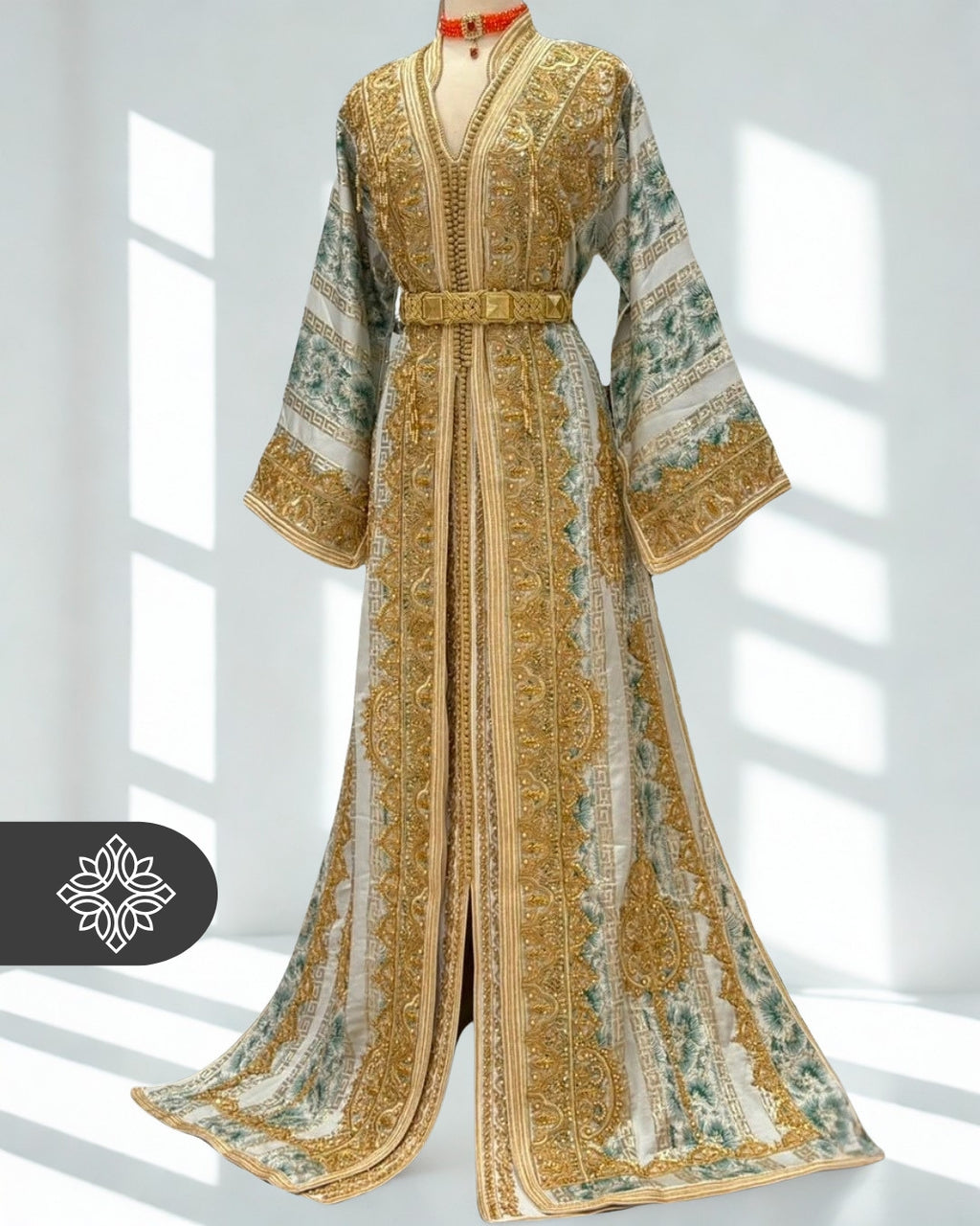 VIP Artistic Brocade Moroccan Takchita | Luxury Two-Piece Kaftan | Golden Hand Embroidery