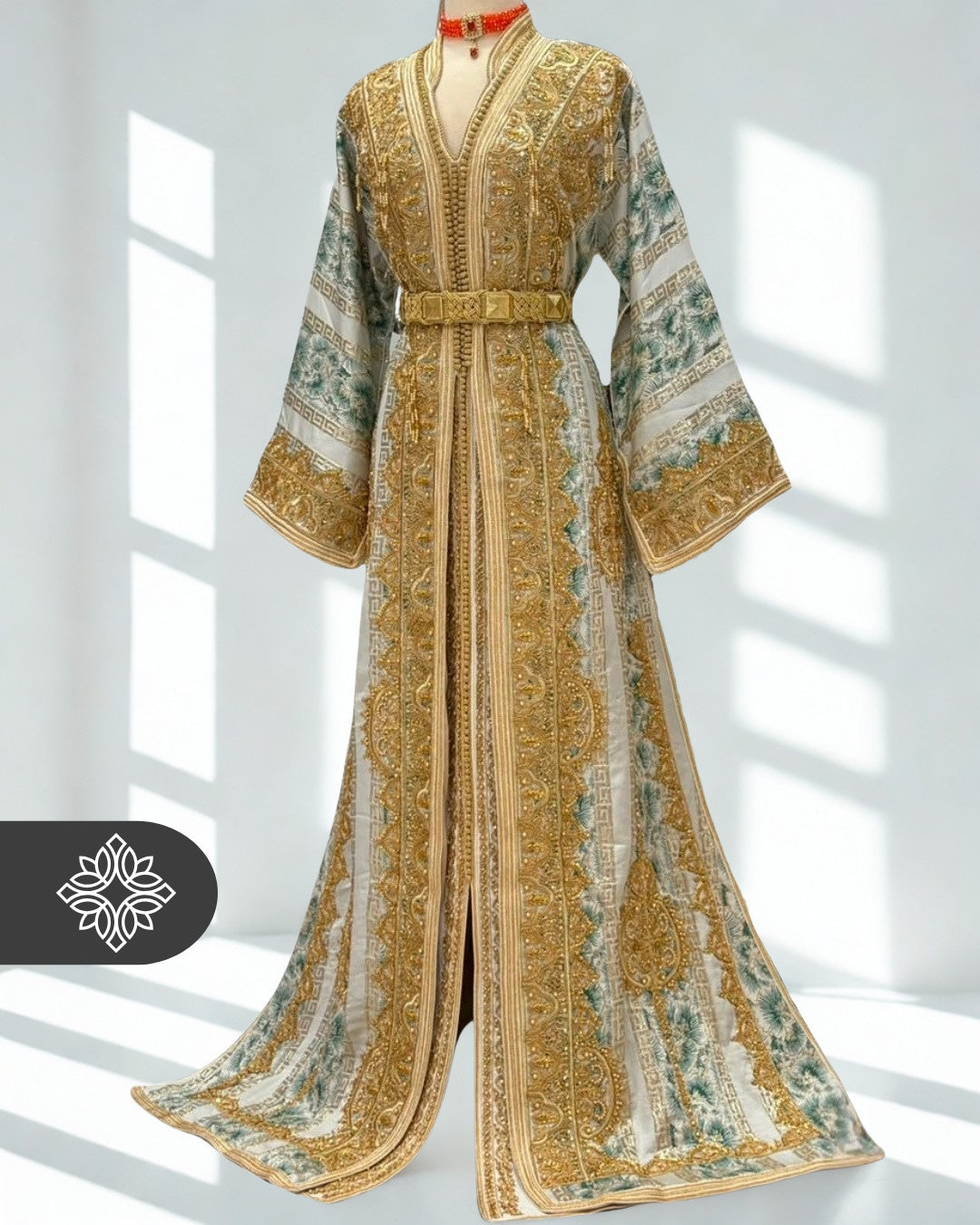 VIP Artistic Brocade Moroccan Takchita | Luxury Two-Piece Kaftan | Golden Hand Embroidery