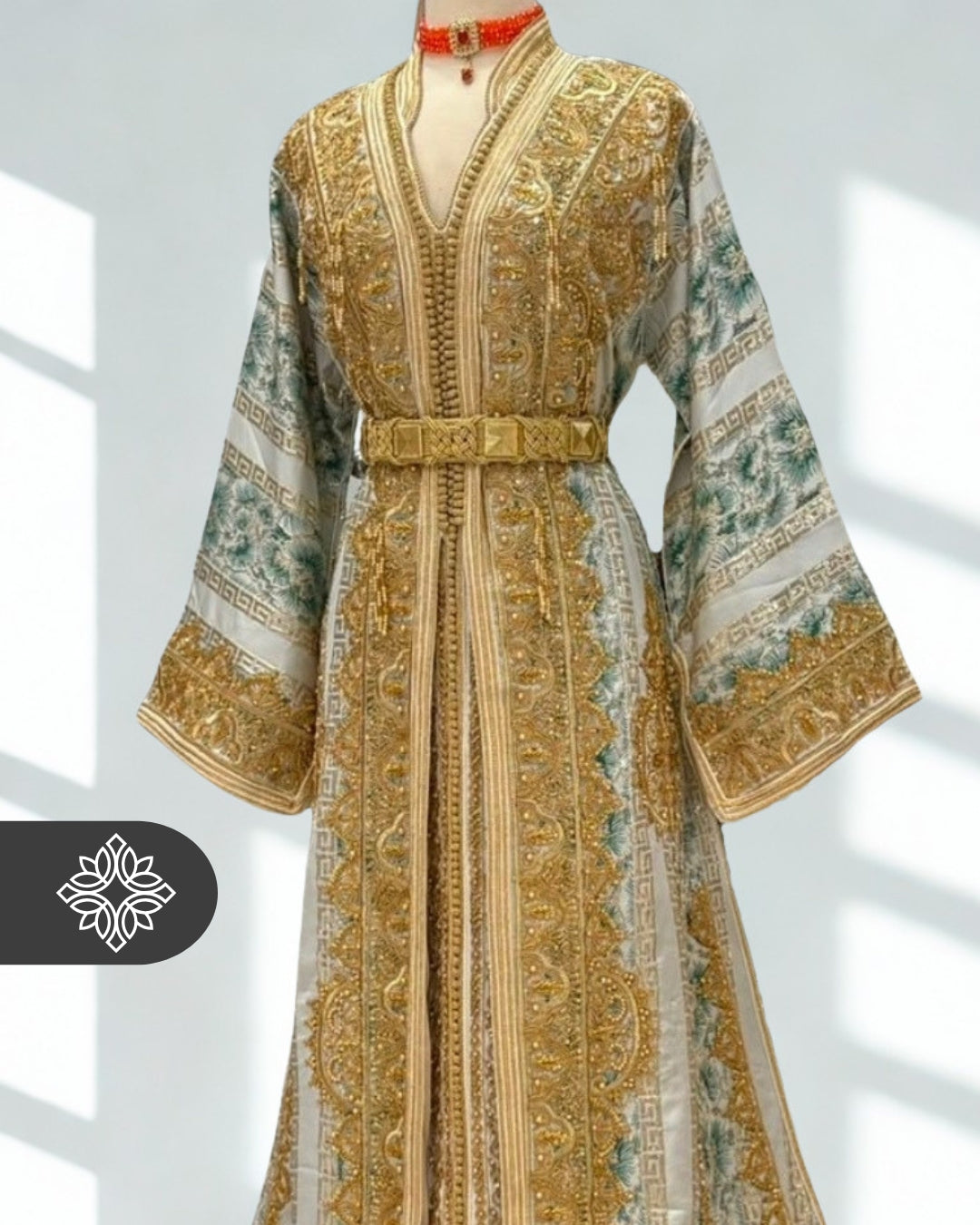 VIP Artistic Brocade Moroccan Takchita | Luxury Two-Piece Kaftan | Golden Hand Embroidery