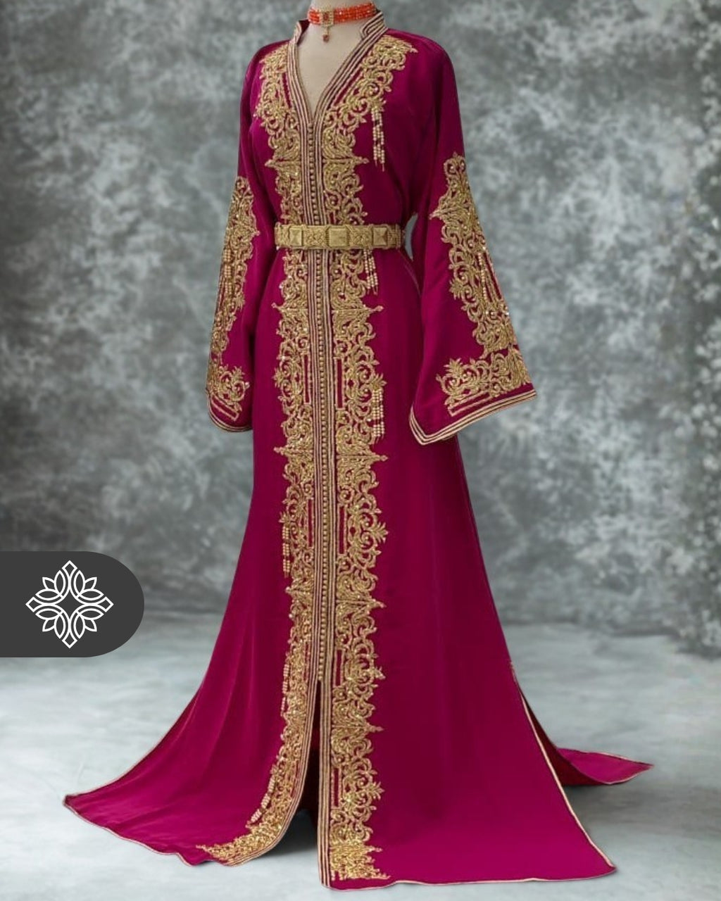 VIP Fuchsia Pink Moroccan Kaftan | Couture One-Piece Caftan | Golden Tonal Embroidery & Stone Detailing