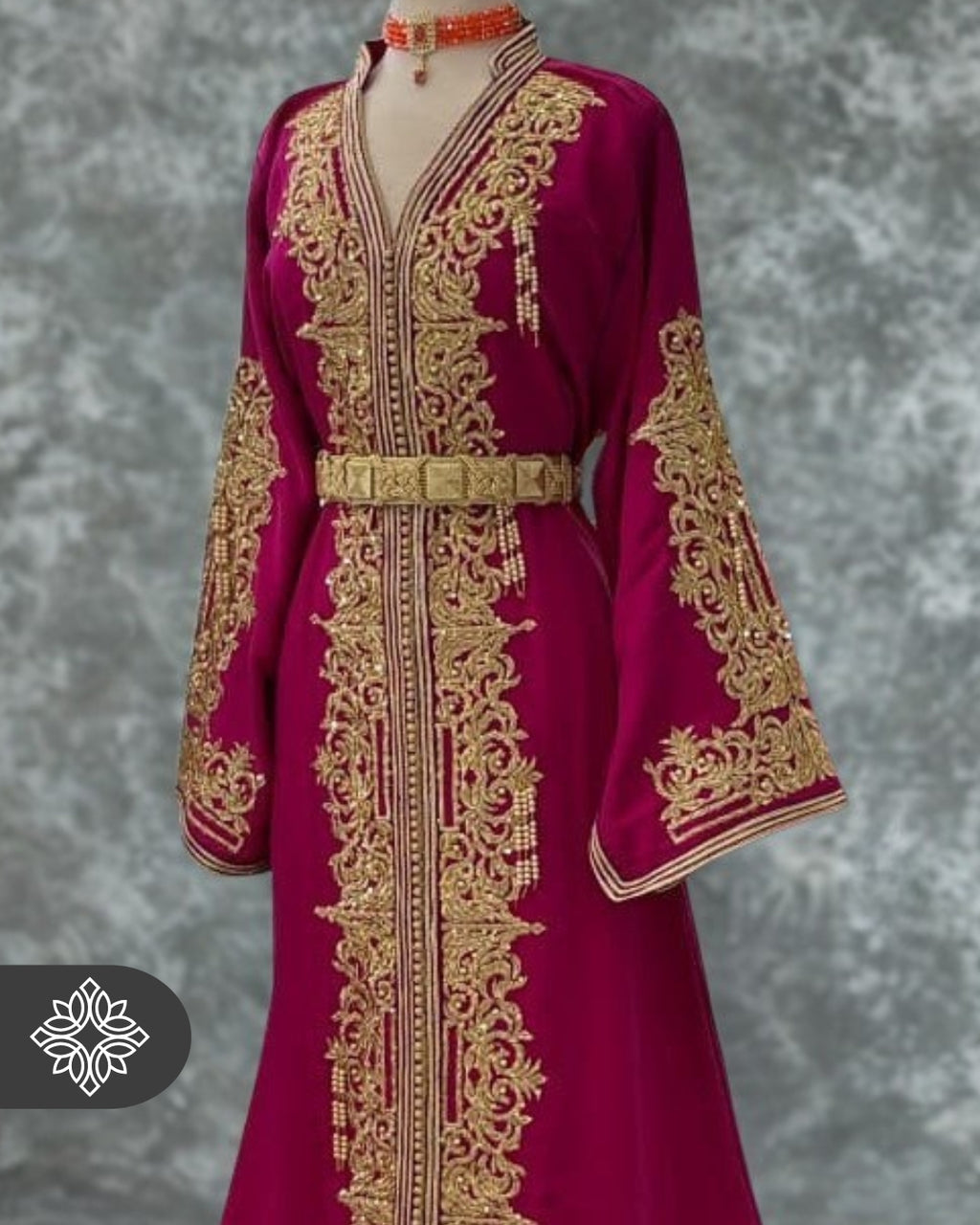 VIP Fuchsia Pink Moroccan Kaftan | Couture One-Piece Caftan | Golden Tonal Embroidery & Stone Detailing