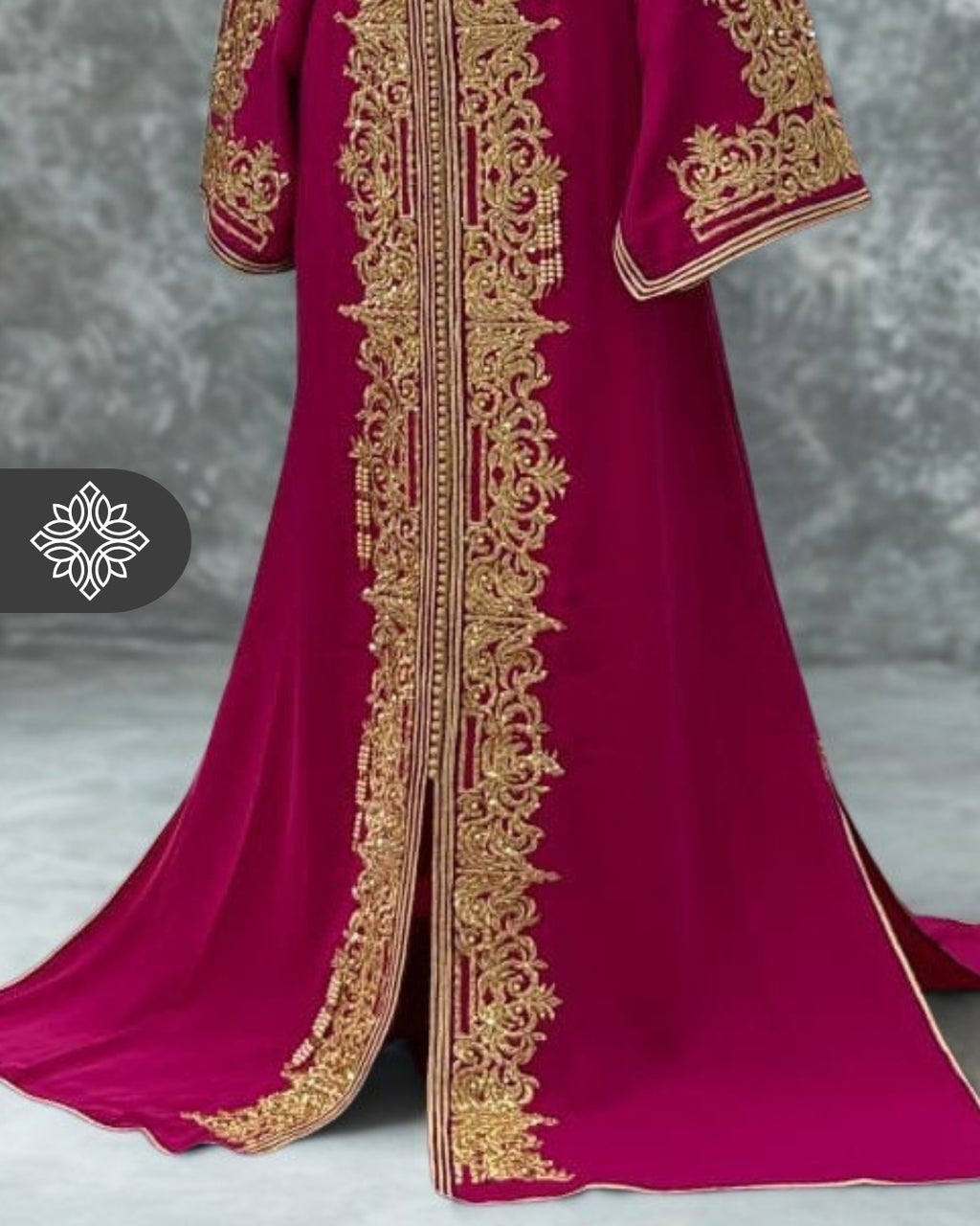 VIP Fuchsia Pink Moroccan Kaftan | Couture One-Piece Caftan | Golden Tonal Embroidery & Stone Detailing