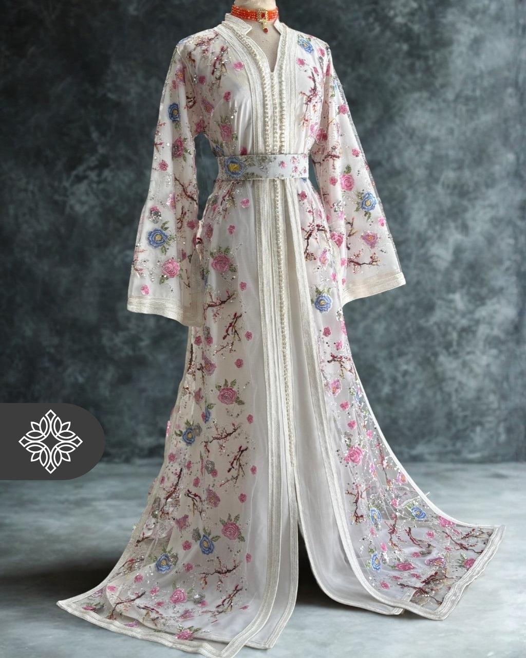 White Floral Moroccan Takchita | Luxury Two-Piece Kaftan