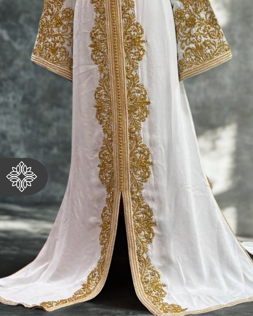White Moroccan Bridal Kaftan | Golden Embroidery & Stone Detailing | VIP One-Piece Couture