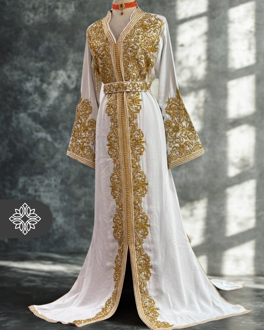 White Moroccan Bridal Kaftan | Golden Embroidery & Stone Detailing | VIP One-Piece Couture