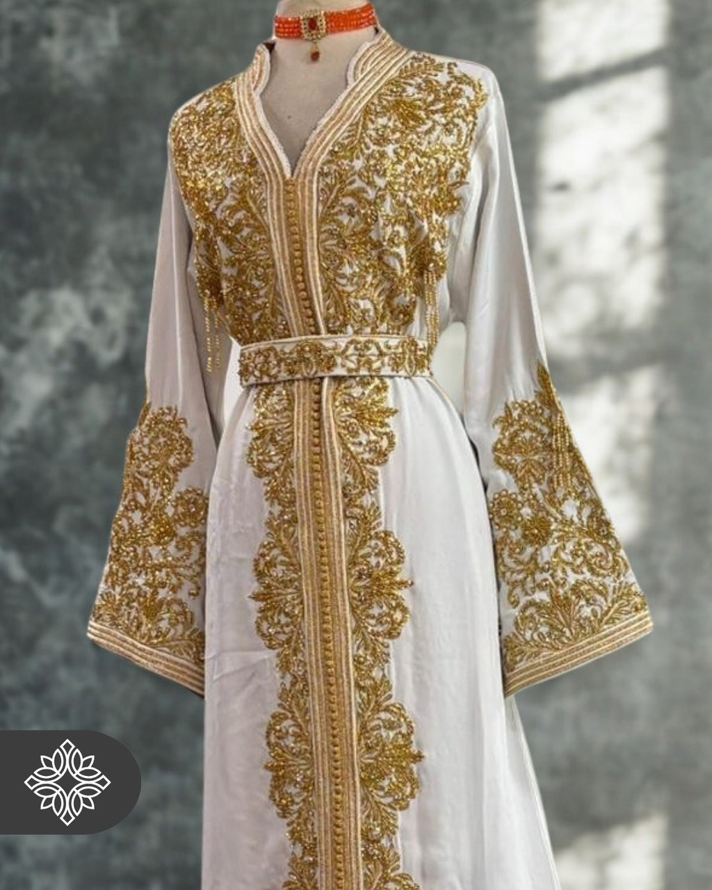 White Moroccan Bridal Kaftan | Golden Embroidery & Stone Detailing | VIP One-Piece Couture