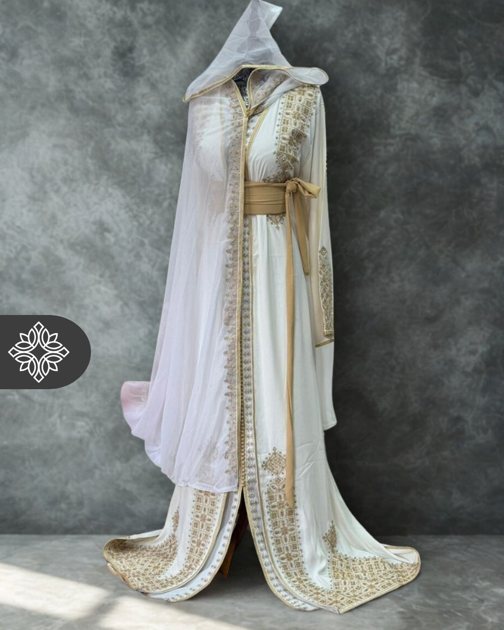 White Moroccan Bridal Takchita | Luxury Two-Piece Kaftan | Golden Rbati Tonal Embroidery