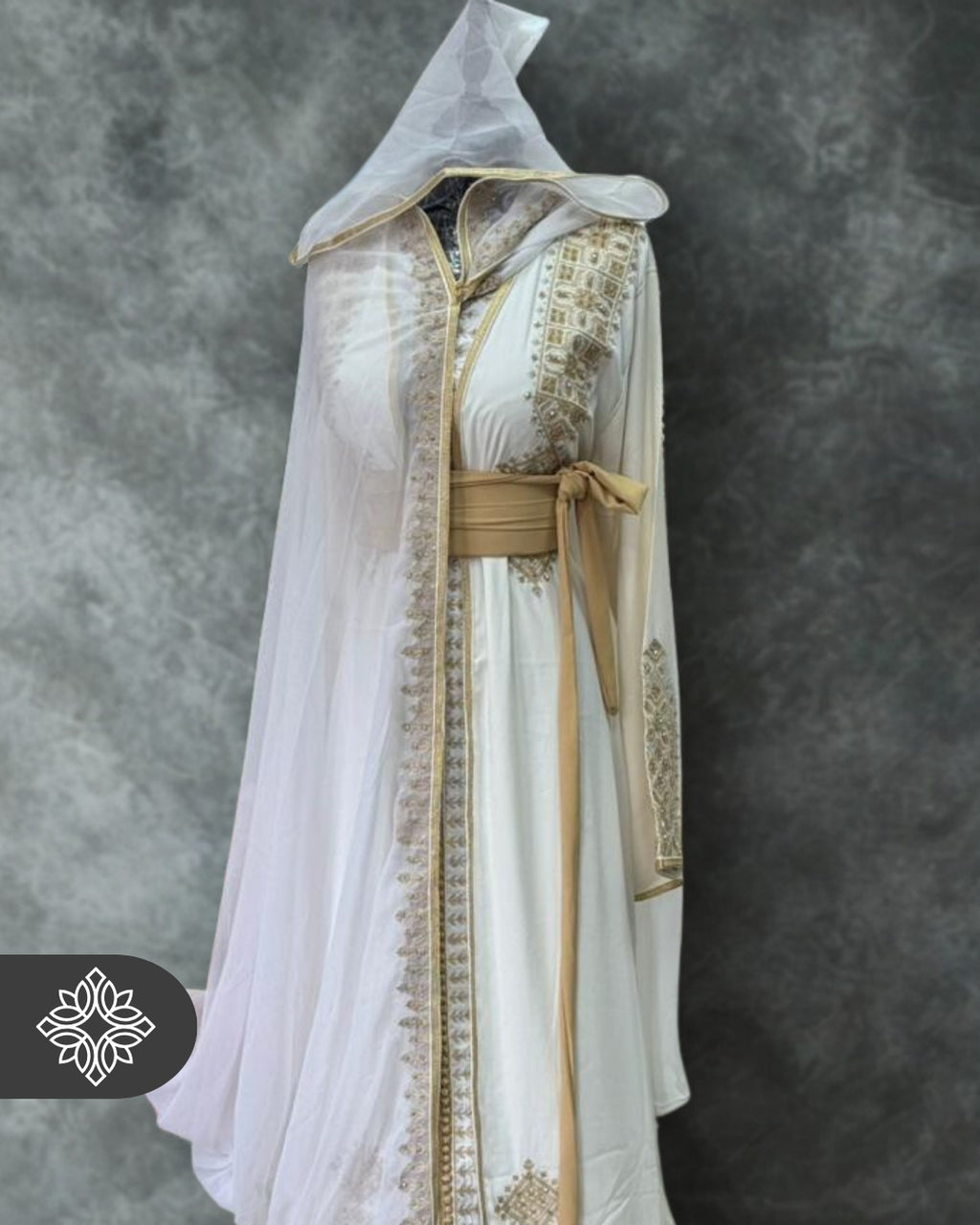 White Moroccan Bridal Takchita | Luxury Two-Piece Kaftan | Golden Rbati Tonal Embroidery