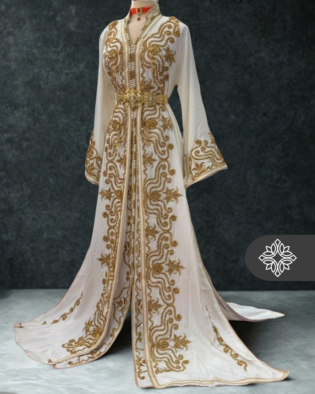 White Moroccan Takchita | Luxury Two-Piece Wedding Caftan | Golden Heritage Embroidery