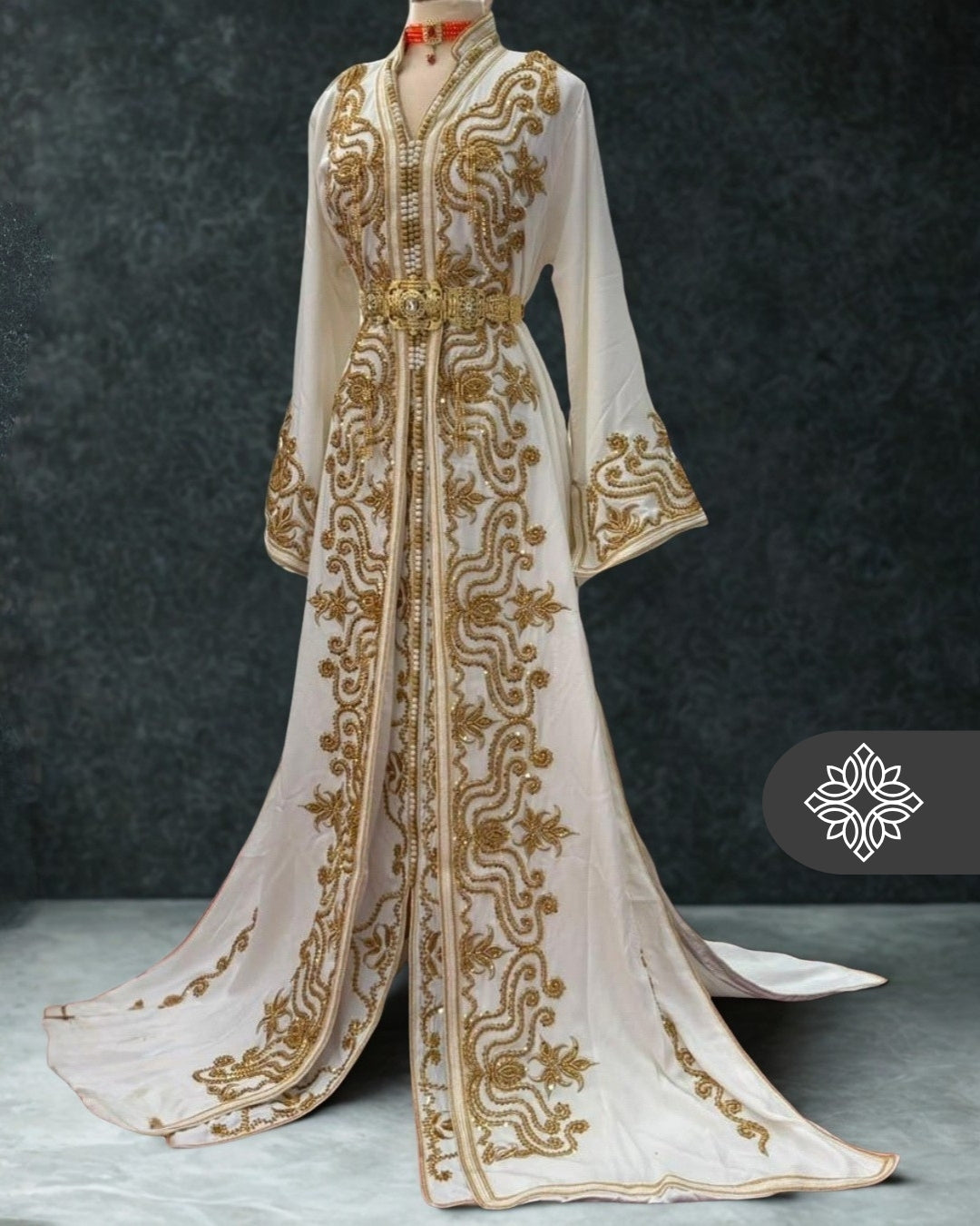 White Moroccan Takchita | Luxury Two-Piece Wedding Caftan | Golden Heritage Embroidery