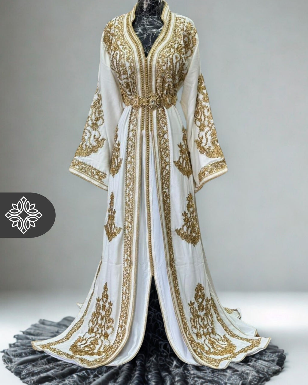 White Moroccan Heritage Takchita | Golden Royal Embroidery | Haute Couture Two-Piece Kaftan