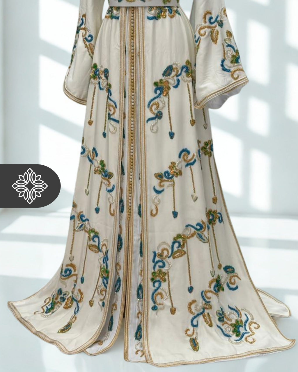 White Moroccan Takchita | Exclusive Two-Piece Kaftan | Floral Embroidery & Turquoise Sequins