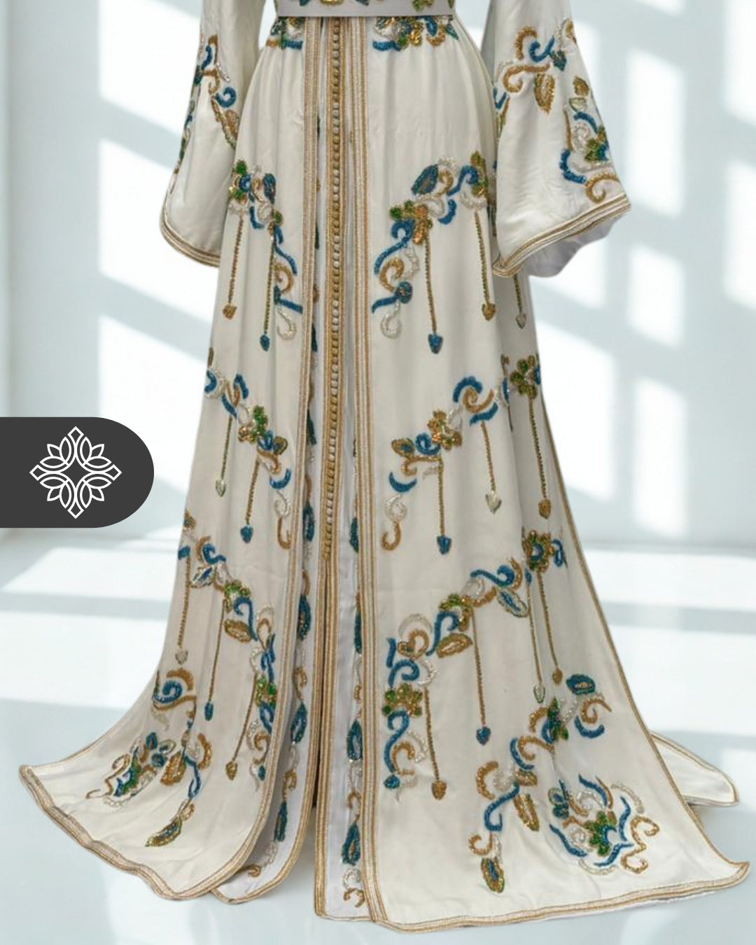 White Moroccan Takchita | Exclusive Two-Piece Kaftan | Floral Embroidery & Turquoise Sequins