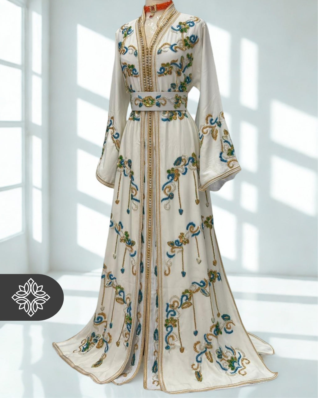 White Moroccan Takchita | Exclusive Two-Piece Kaftan | Floral Embroidery & Turquoise Sequins