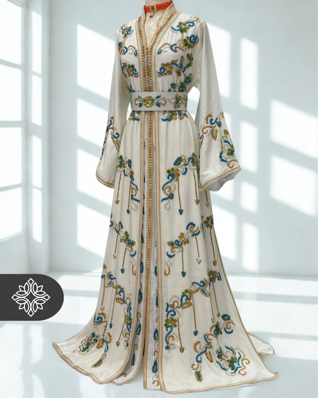 White Moroccan Takchita | Exclusive Two-Piece Kaftan | Floral Embroidery & Turquoise Sequins