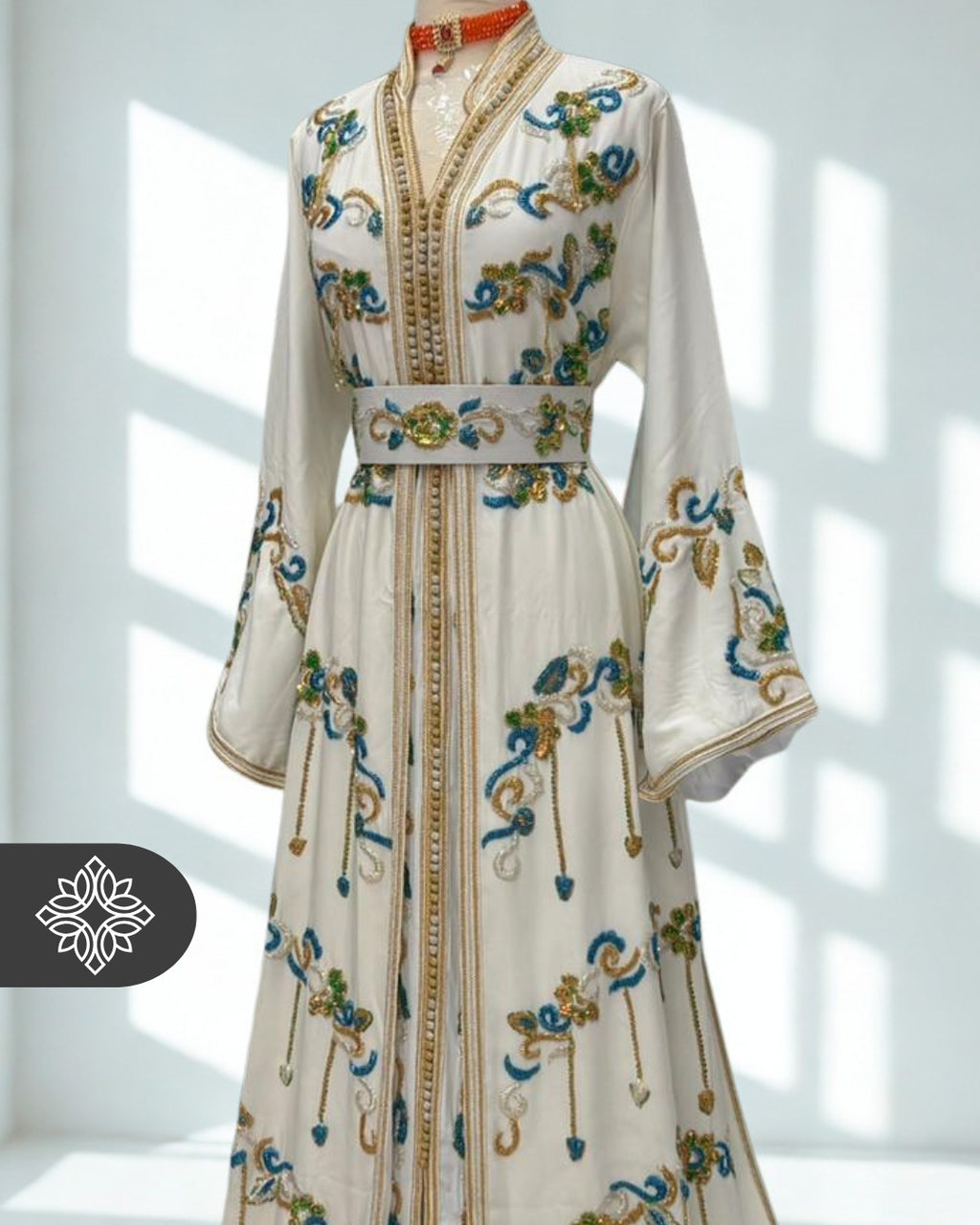White Moroccan Takchita | Exclusive Two-Piece Kaftan | Floral Embroidery & Turquoise Sequins