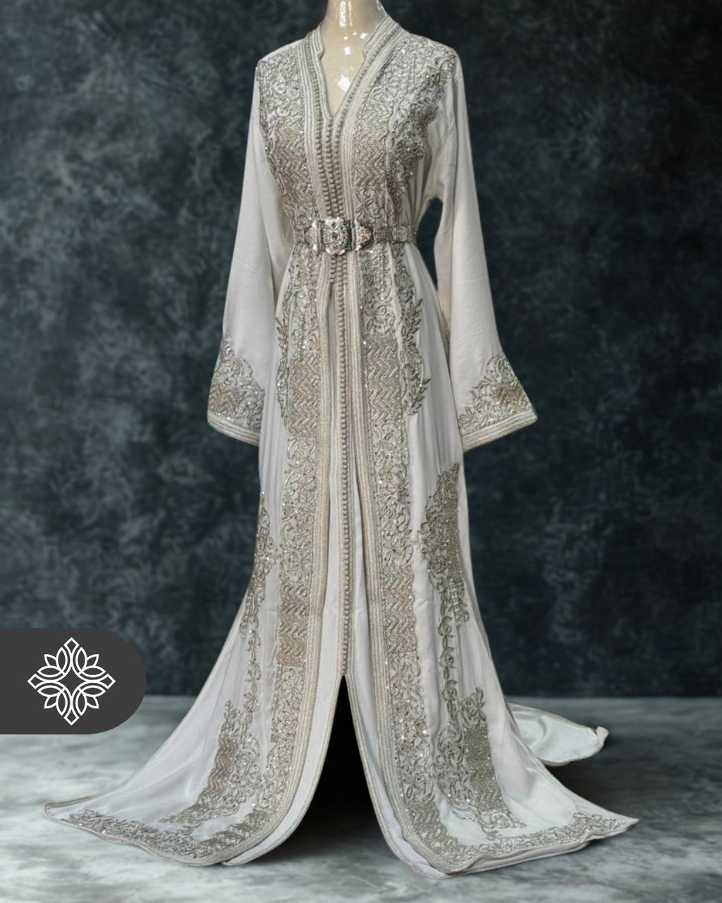 White Moroccan Takchita | Luxury Silver Tonal Embroidery | Bridal Two-Piece Kaftan
