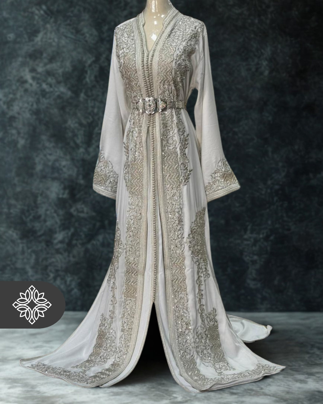 White Moroccan Takchita | Luxury Silver Tonal Embroidery | Bridal Two-Piece Kaftan