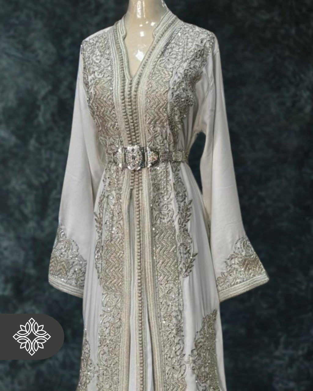 White Moroccan Takchita | Luxury Silver Tonal Embroidery | Bridal Two-Piece Kaftan