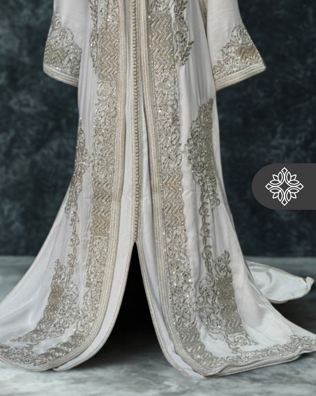 White Moroccan Takchita | Luxury Silver Tonal Embroidery | Bridal Two-Piece Kaftan