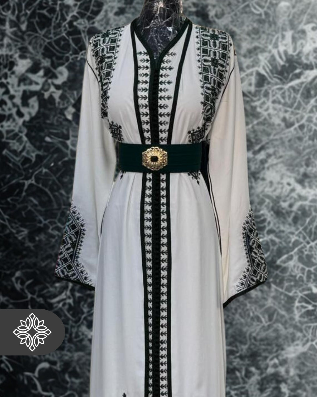 White Moroccan Bridal Takchita | Luxury Two-Piece Kaftan | Golden Rbati Tonal Embroidery
